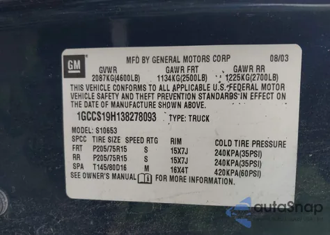 2003 Chevrolet S-10 from USA, damaged, VIN 1GCCS19H138278093